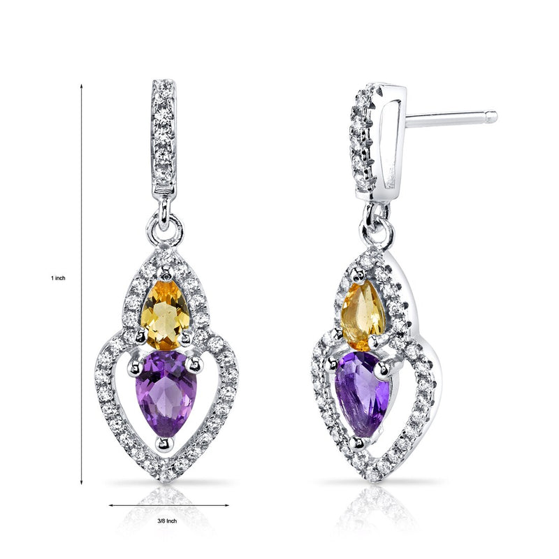 Amethyst and Citrine Earrings Sterling Silver Pear Shape 1.00 Carats Total