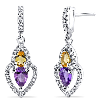 Amethyst and Citrine Earrings Sterling Silver Pear Shape 1.00 Carats Total