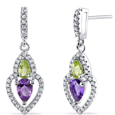 Amethyst and Peridot Earrings Sterling Silver Pear Shape 1.00 Carats Total