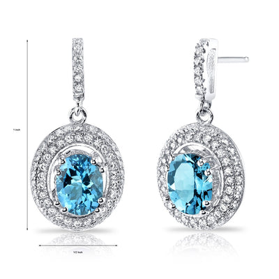 Swiss Blue Topaz Halo Dangle Earrings Sterling Silver 3.00 Carats Total