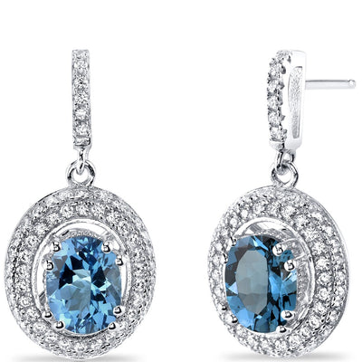 London Blue Topaz Halo Dangle Earrings Sterling Silver 3.00 Carats Total