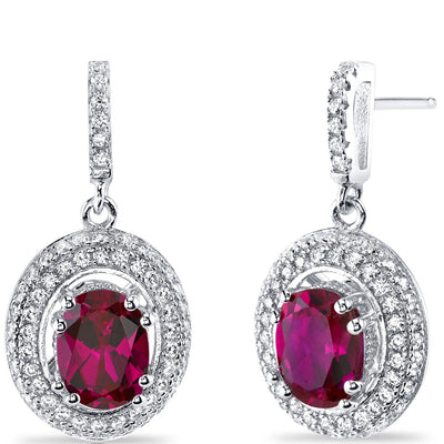 Created Ruby Halo Dangle Earrings Sterling Silver 3.50 Carats Total