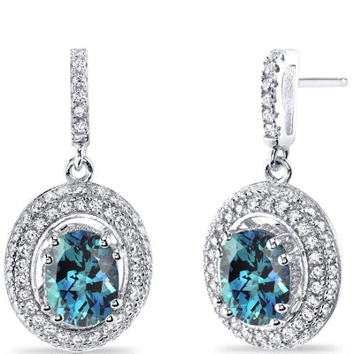 Simulated Alexandrite Halo Dangle Earrings Sterling Silver 3.50 Carats Total