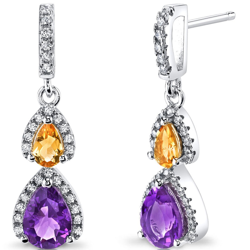 Amethyst and Citrine Open Halo Earrings Sterling Silver 2 Stone 1.50 Carats Total