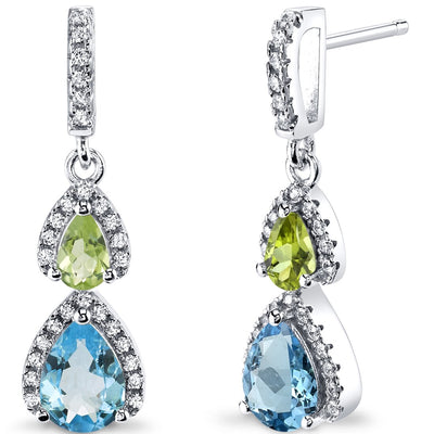 Swiss Blue Topaz and Peridot Open Halo Earrings Sterling Silver 2 Stone 2.00 Carats Total