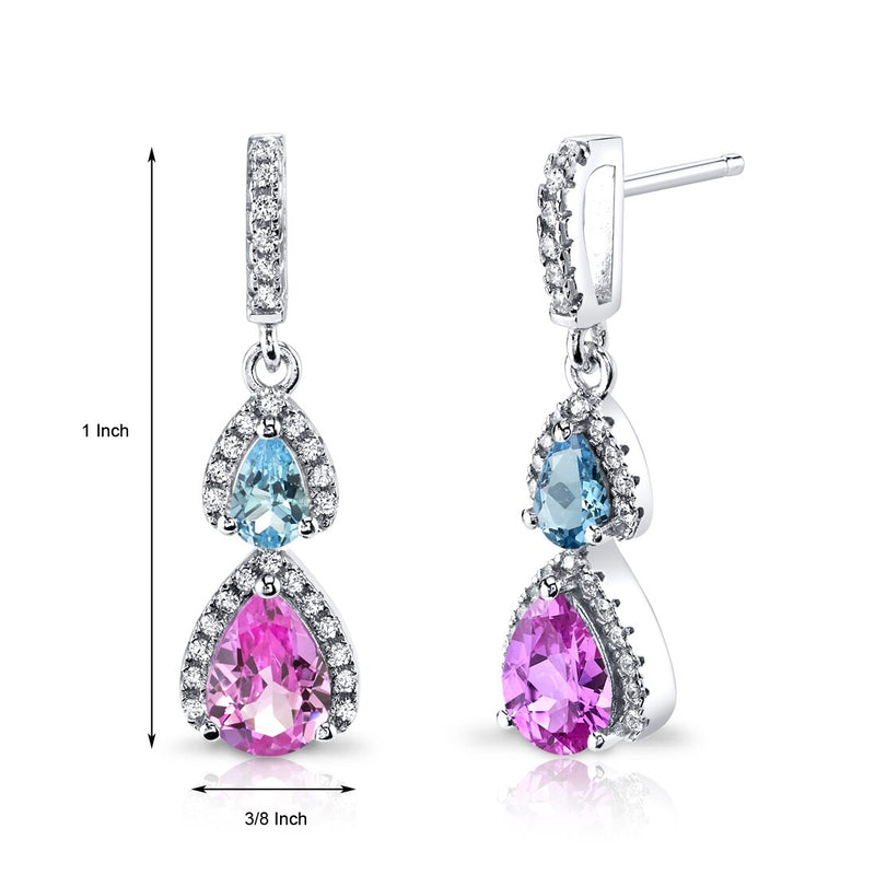 Created Pink Sapphire and Swiss Blue Topaz Open Halo Earrings Sterling Silver 2 Stone 2.50 Carats Total