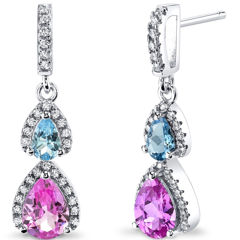 Created Pink Sapphire and Swiss Blue Topaz Open Halo Earrings Sterling Silver 2 Stone 2.50 Carats Total