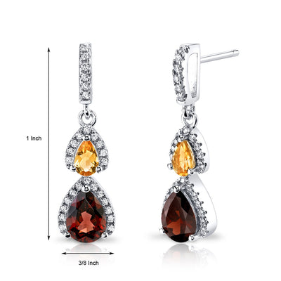 Garnet and Citrine Open Halo Earrings Sterling Silver 2 Stone 2.50 Carats Total