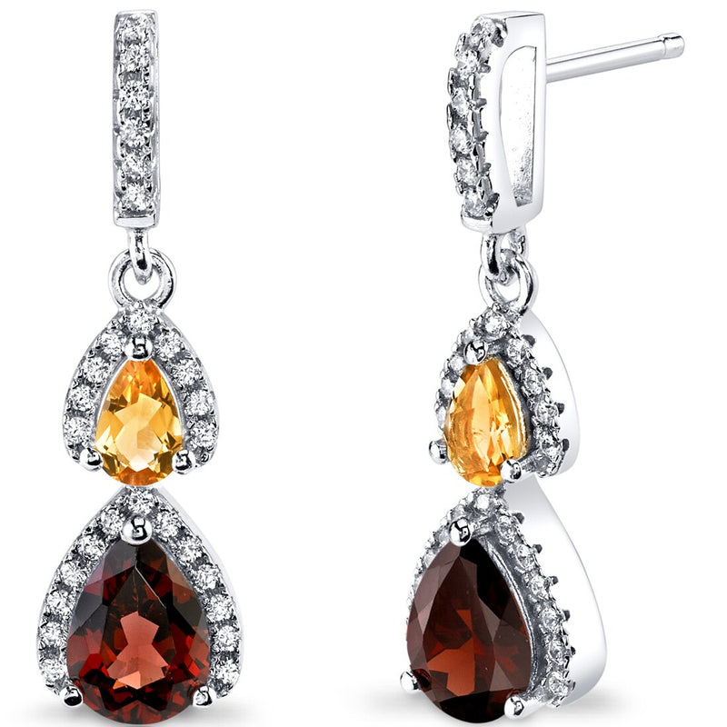 Garnet and Citrine Open Halo Earrings Sterling Silver 2 Stone 2.50 Carats Total