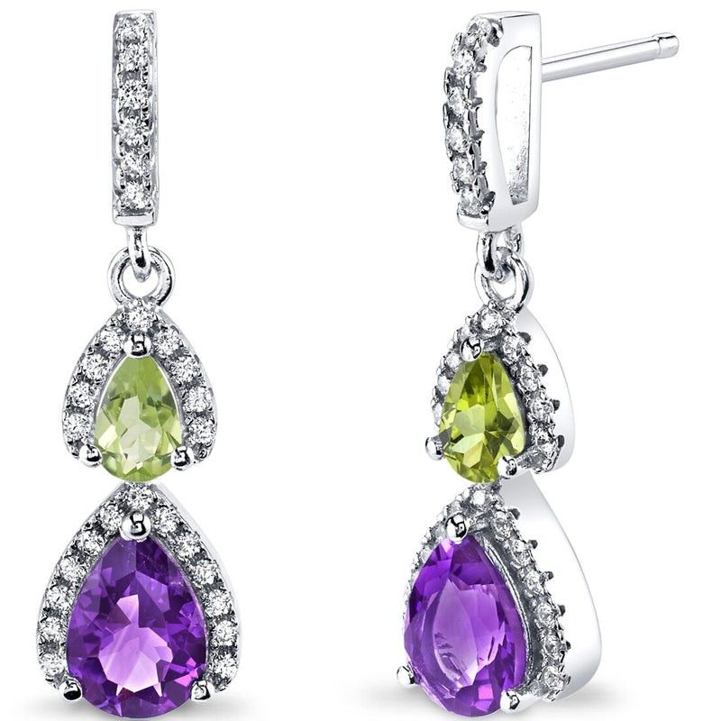 Amethyst and Peridot Open Halo Earrings Sterling Silver 2 Stone 1.50 Carats Total