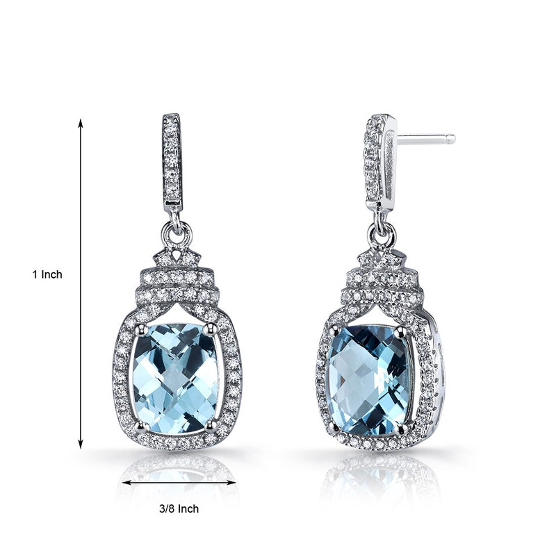Swiss Blue Topaz Halo Crown Dangle Earrings Sterling Silver 4.5 Carats