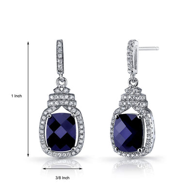 Created Blue Sapphire Halo Crown Dangle Earrings Sterling Silver 5.5 Carats