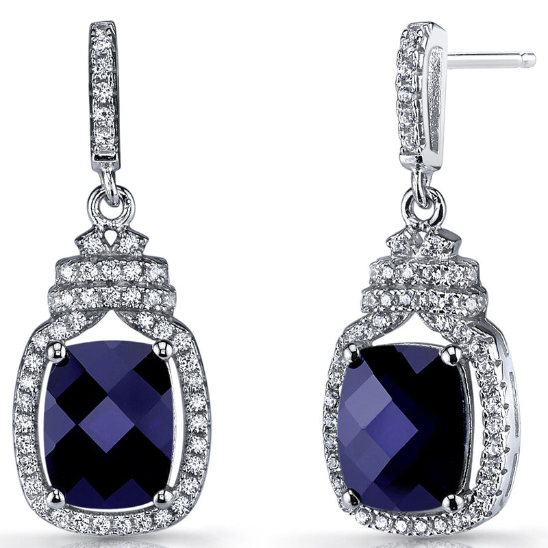 Created Blue Sapphire Halo Crown Dangle Earrings Sterling Silver 5.5 Carats