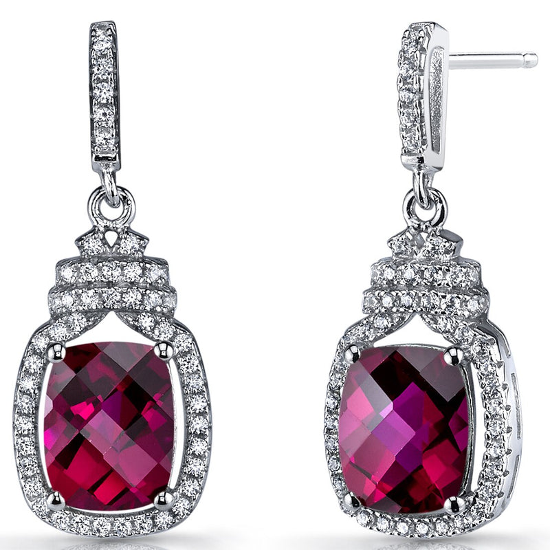 Created Ruby Halo Crown Dangle Earrings Sterling Silver 6 Carats