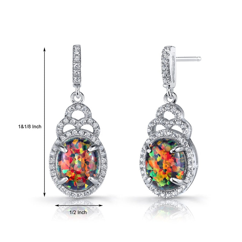 Created Black Opal Harlequin Dangling Earrings Sterling Silver 3 Carats
