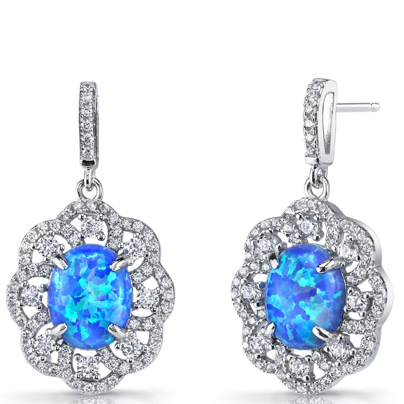 Created Blue Opal Victorian Drop Earrings Sterling Silver 3 Carats