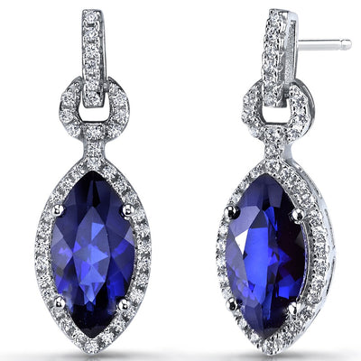 Created Blue Sapphire Marquise Dangle Drop Earrings Sterling Silver 4 Carats