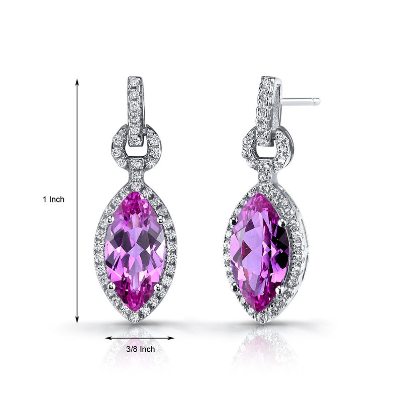 Created Pink Sapphire Marquise Dangle Drop Earrings Sterling Silver 4.5 Carats