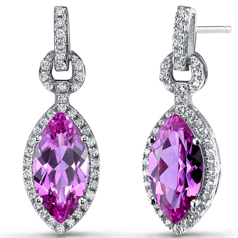 Created Pink Sapphire Marquise Dangle Drop Earrings Sterling Silver 4.5 Carats
