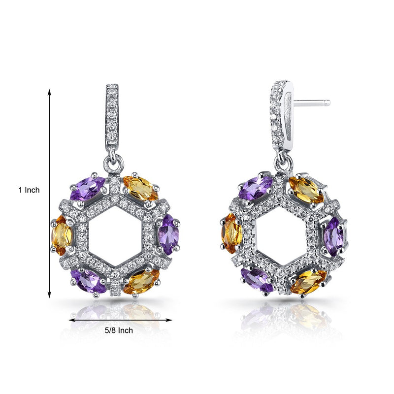 Amethyst and Citrine Hexagon Dangle Earrings Sterling Silver