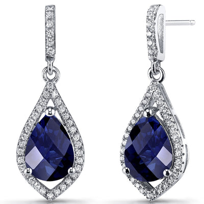 Created Blue Sapphire Tear Drop Dangle Earrings Sterling Silver 5 Carats