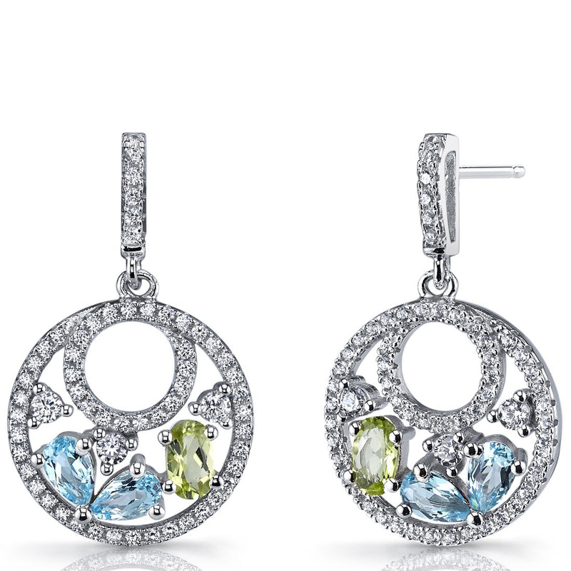 Swiss Blue Topaz and Peridot Sterling Silver Double Hoop Dangle Drop Earrings