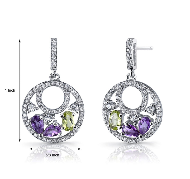 Amethyst and Peridot Sterling Silver Double Hoop Dangle Drop Earrings