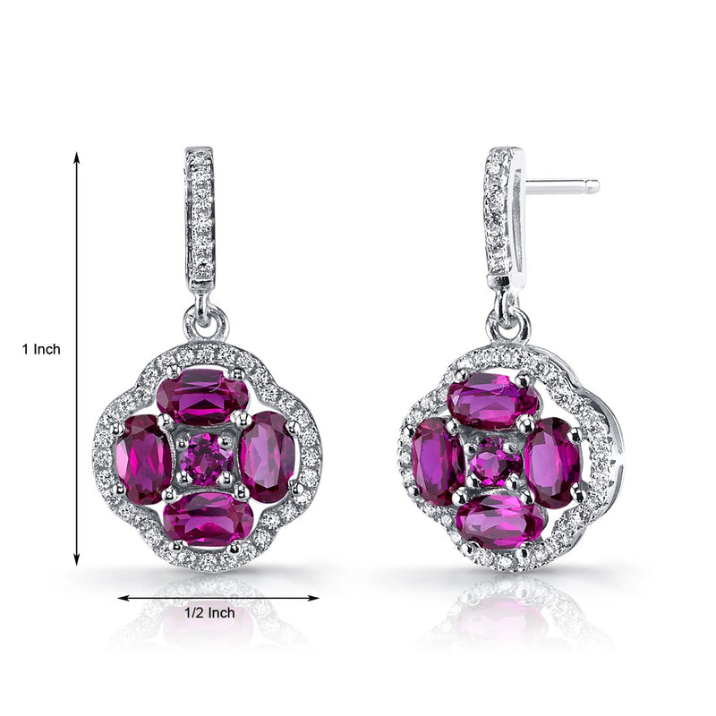 Created Ruby Clover Dangle Drop Earrings Sterling Silver 2.5 Carats