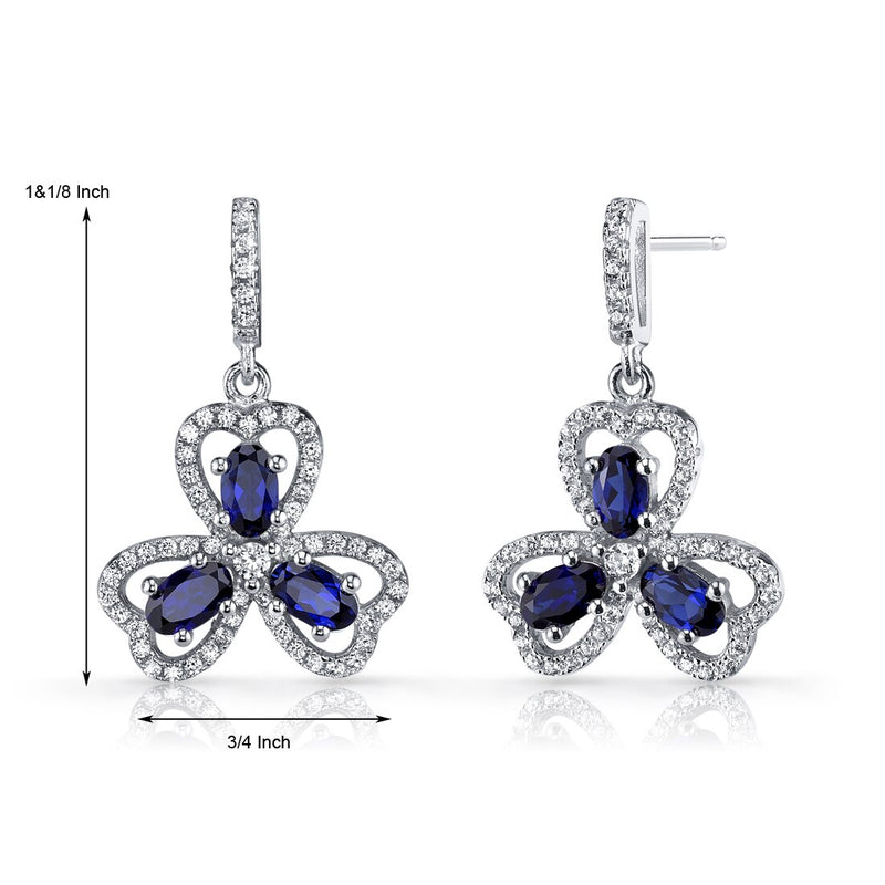 Created Blue Sapphire Trinity Earrings Sterling Silver 1.5 Carats