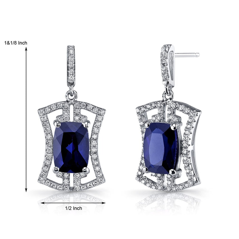 Created Blue Sapphire Art Deco Drop Earrings Sterling Silver 6.5 Carats