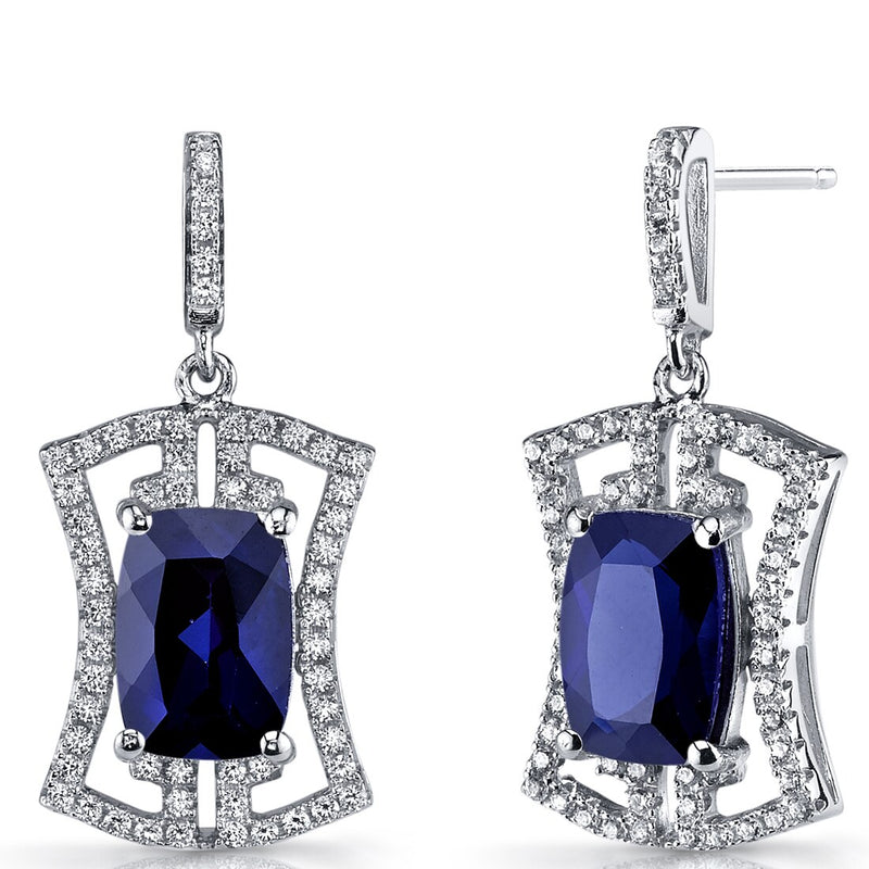 Created Blue Sapphire Art Deco Drop Earrings Sterling Silver 6.5 Carats
