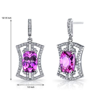 Created Pink Sapphire Art Deco Drop Earrings Sterling Silver 6.5 Carats