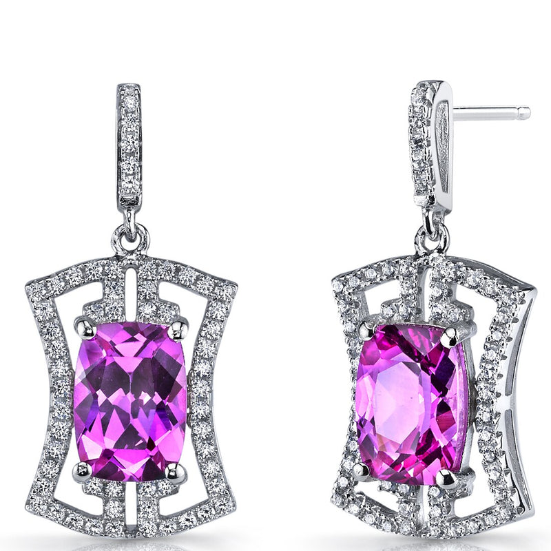 Created Pink Sapphire Art Deco Drop Earrings Sterling Silver 6.5 Carats