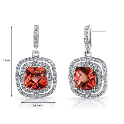 Created Padparadscha Sapphire Cushion Cut Dangle Drop Earrings Sterling Silver 6 Carats