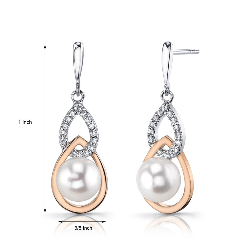 Freshwater Cultured 7.50mm White Pearl Teardrop Earrings Rose Goldtone Sterling Silver