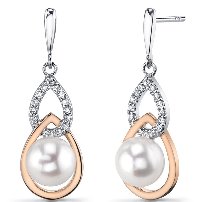 Freshwater Cultured 7.50mm White Pearl Teardrop Earrings Rose Goldtone Sterling Silver