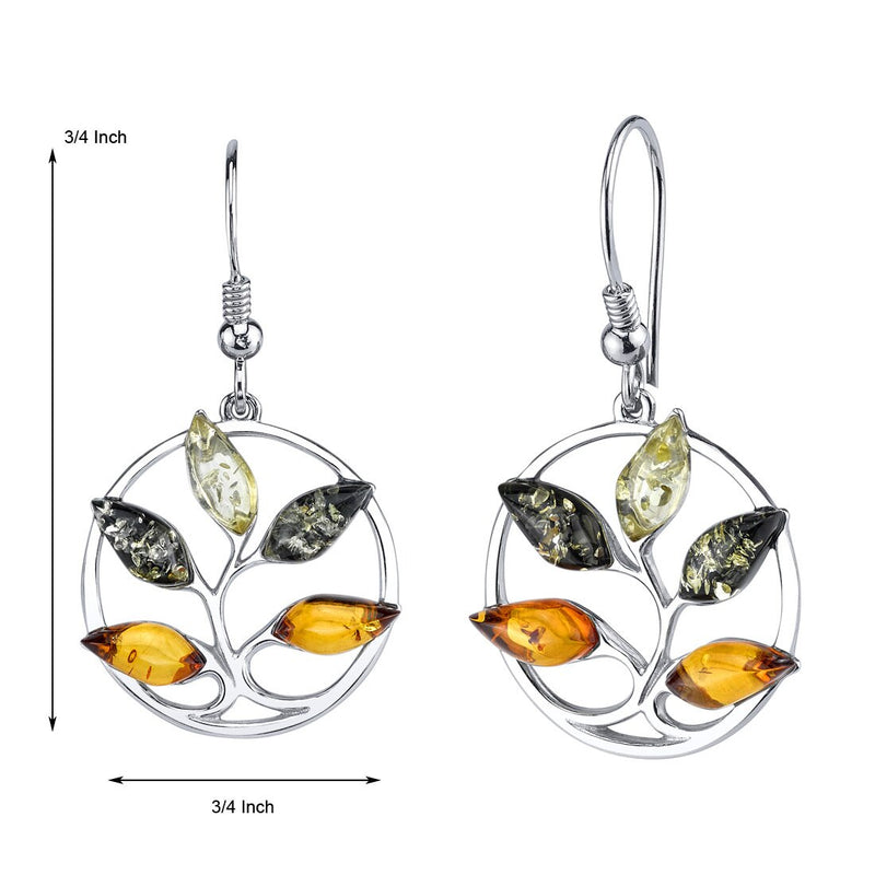 Baltic Amber Tree Dangle Earrings Sterling Silver Multiple Color