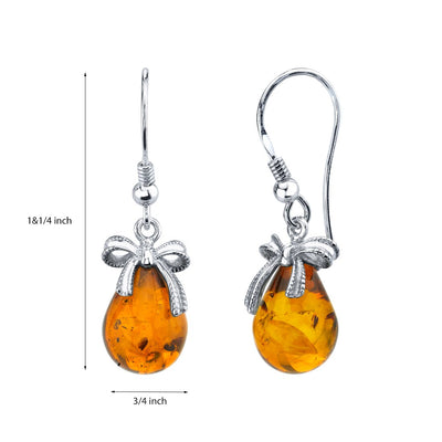 Baltic Amber Sterling Silver Bow Drop Earrings Cognac Color