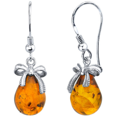 Baltic Amber Sterling Silver Bow Drop Earrings Cognac Color