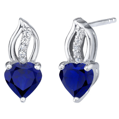 Heart Shape Blue Sapphire Earrings Sterling Silver 2 Carats Total