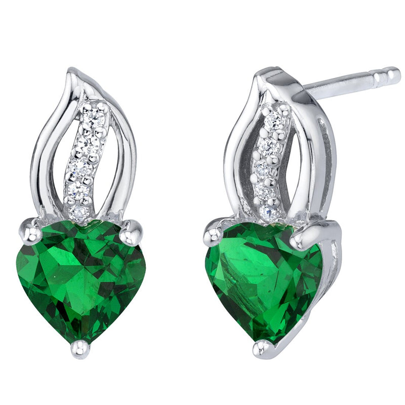 Heart Shape Emerald Earrings Sterling Silver 1.50 Carats Total