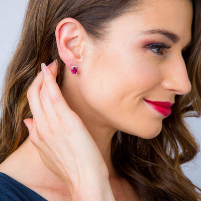 Created Ruby Sterling Silver Aura Stud Earrings 3 00 Carats Total Se8884 on a model