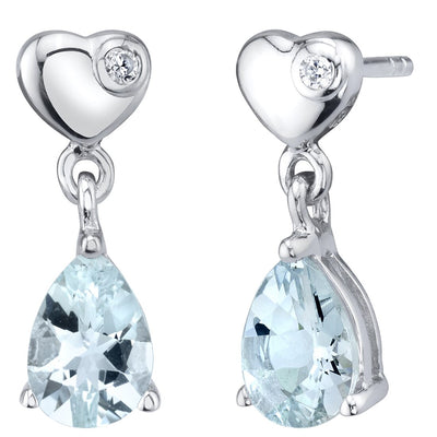Aquamarine Sterling Silver Heart Dangle Drop Earrings 1.00 Carat Total