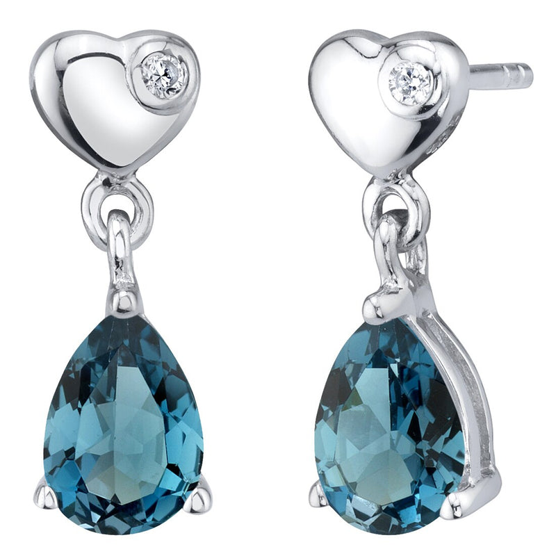Teardrop London Blue Topaz Heart Dangle Drop Earrings Sterling Silver 1.50 Carats Total