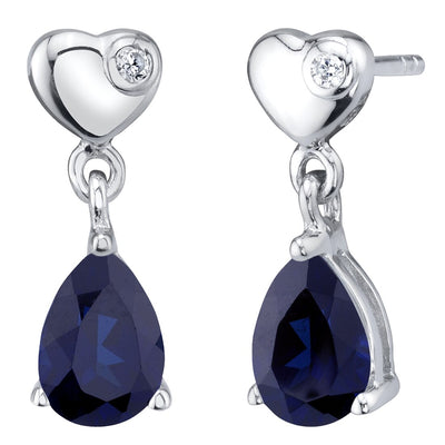 Teardrop Blue Sapphire Heart Dangle Drop Earrings Sterling Silver 1.75 Carats Total