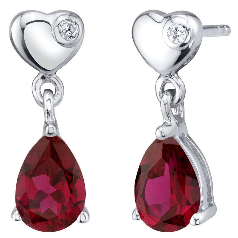 Created Ruby Sterling Silver Heart Dangle Drop Earrings 1.75 Carats Total