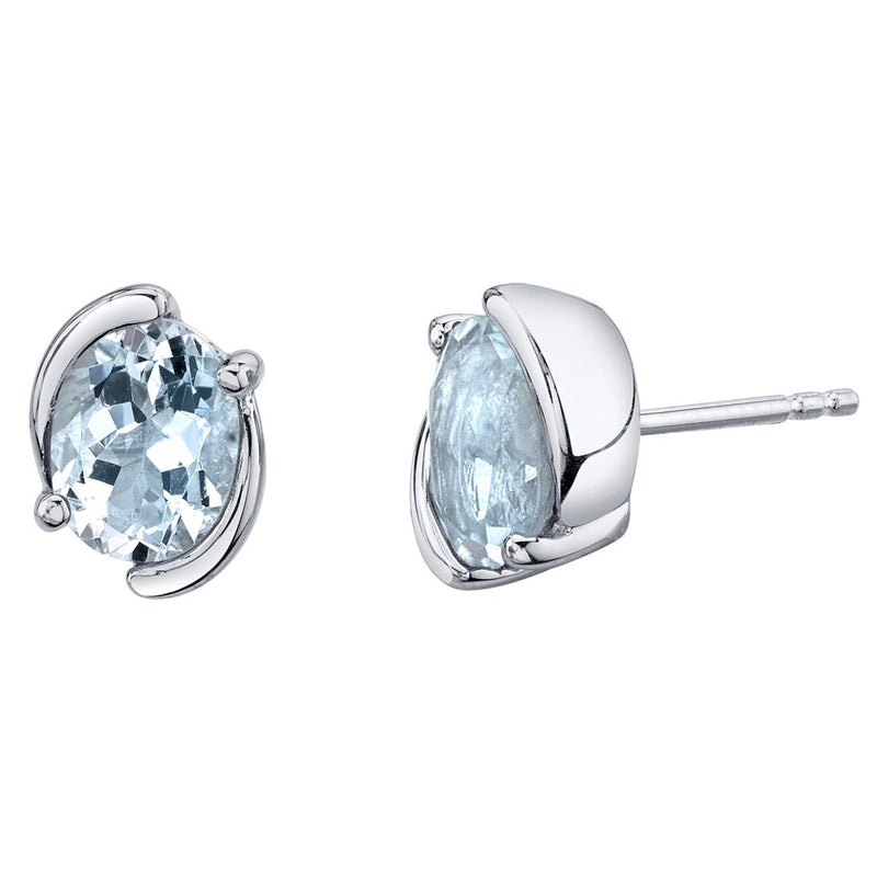Aquamarine Bezel Stud Earrings Sterling Silver 2.25 Carats Total Oval Shape