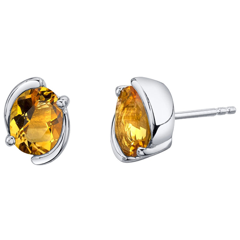 Citrine Bezel Stud Earrings Sterling Silver 2.25 Carats Total Oval Shape