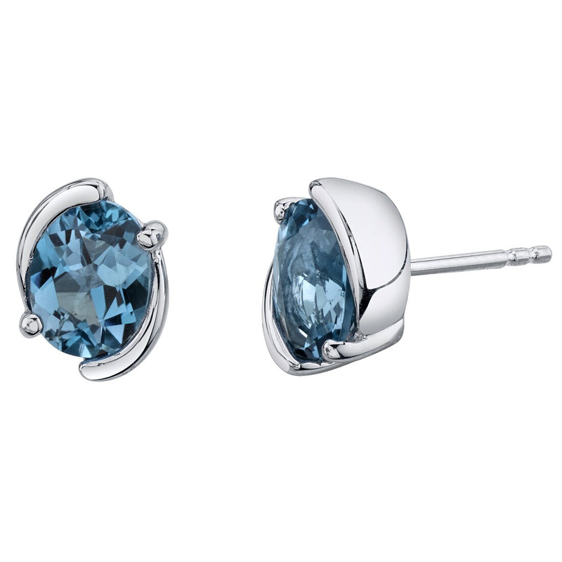 London Blue Topaz Sterling Silver Bezel Stud Earrings 3 Carats Total