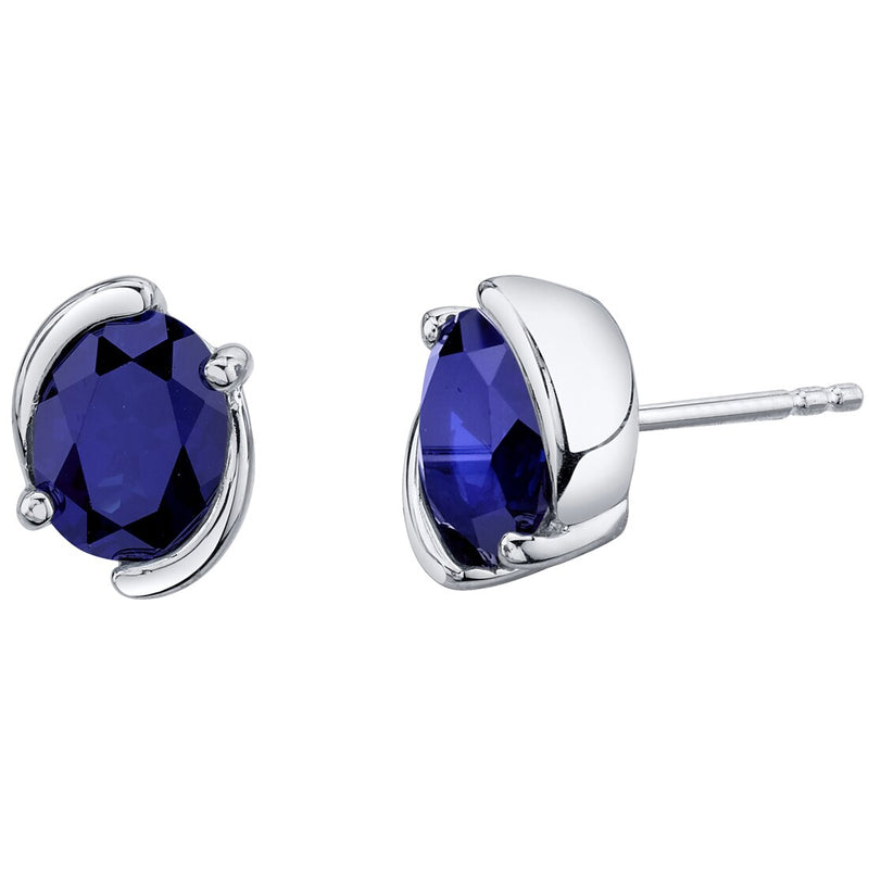 Blue Sapphire Bezel Stud Earrings Sterling Silver 3.50 Carats Total Oval Shape